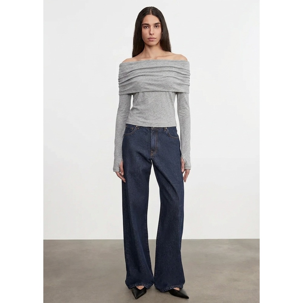 ENZA COSTA Cashmere Off The Shoulder Top Women Small Smoke Gray Long Sleeve NEW